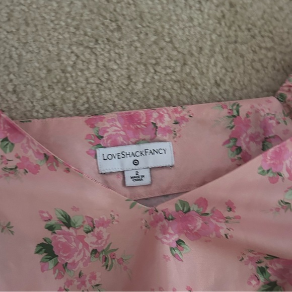 LoveShackFancy pink floral mini dress puff sleeve belt tiered ruffle v neck - Picture 2 of 4